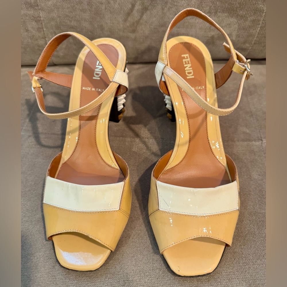 Fendi Tan and Cream  Patent Leather Heeled Sandals